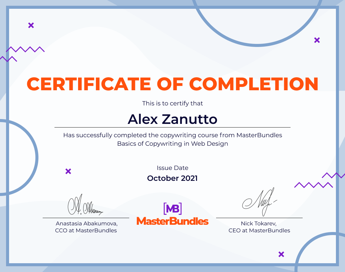 Certificate of completion of Alex Zanutto.