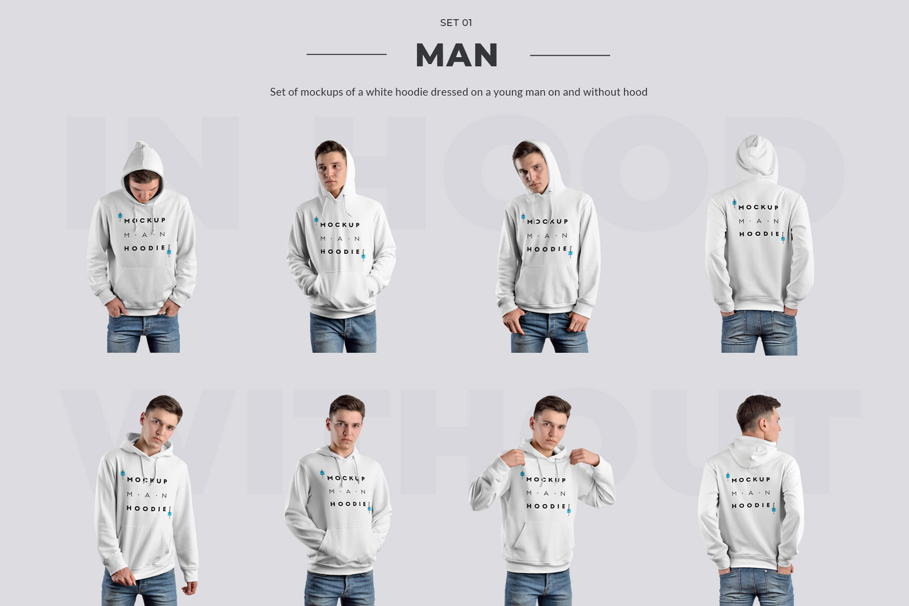 24 Mockups Hoodie on the Man, 3D and Isolated Subjects.