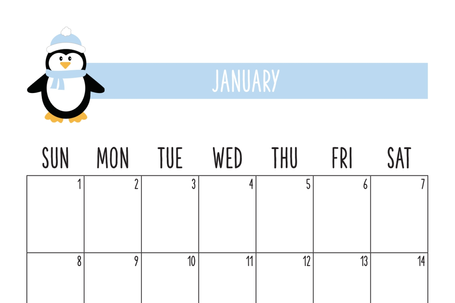 Calendar for january with a cute penguin in a beanie.