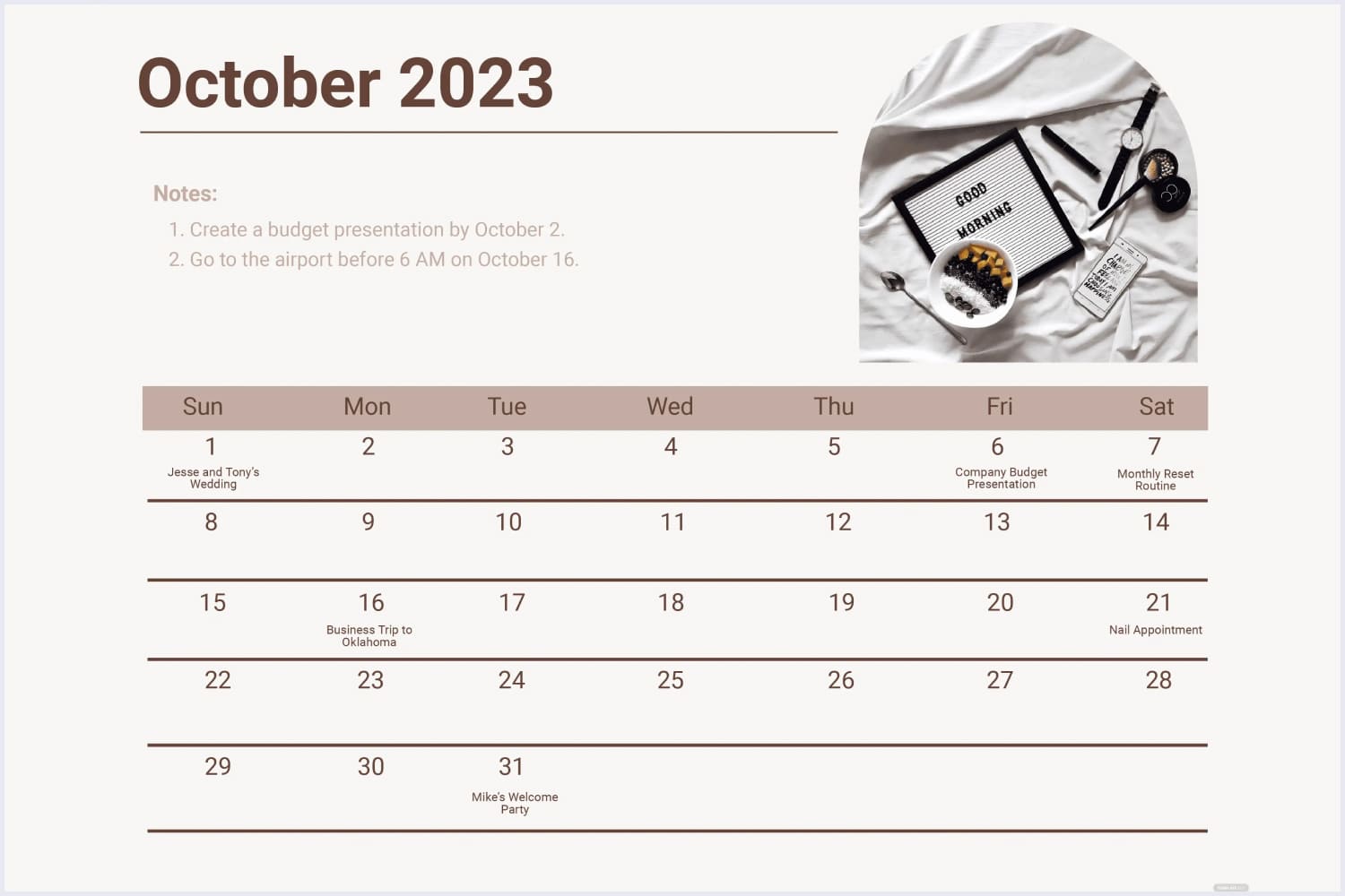 October calendar in striped style and decor photo on the table.