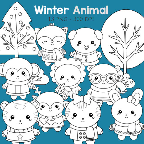 Cute and Funny Winter Animal Holiday Season Christmas Nature Monkey Rabbit Raindeer Tiger Cat Squirrel Fox Bear Cartoon Digital Stamp Outline cover image.