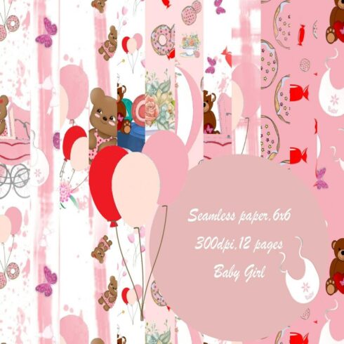 Baby girl, digital Paper, Pink Seamless, Newborn Pattern, Cute Set, Bear, Accessories, Planner, for printing on fabric, pink digital Background, baby invitation, baby girl cover image.