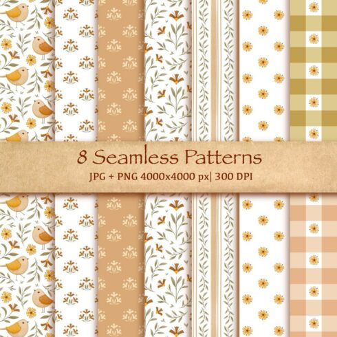8 Spring Seamless Patterns – Flowers, Birds, Leaves cover image.