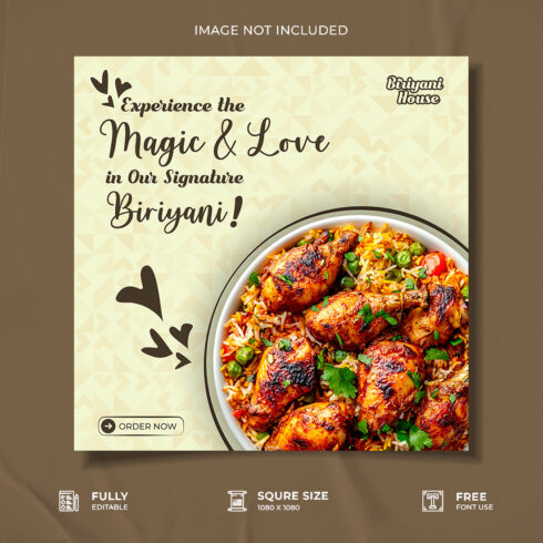 Restaurant biriyani food social media post design cover image.