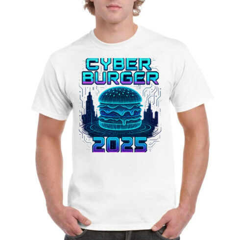 Cyber Burger 2025 Futuristic T-Shirt Design - Sci-Fi Food Graphic cover image.