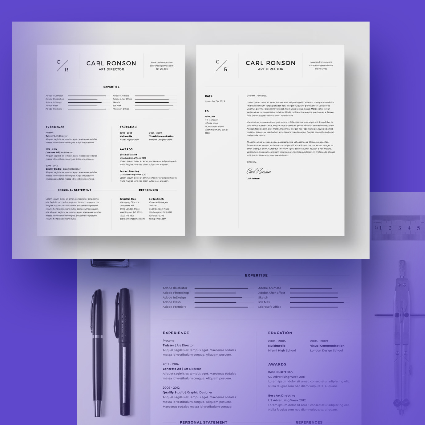 Professional resume template with a purple background.